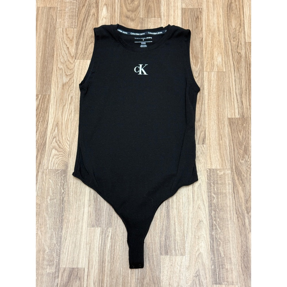 Calvin Klein Jeans Womens Black Sleeveless Logo Bodysuit Size M Crew Neck Snaps